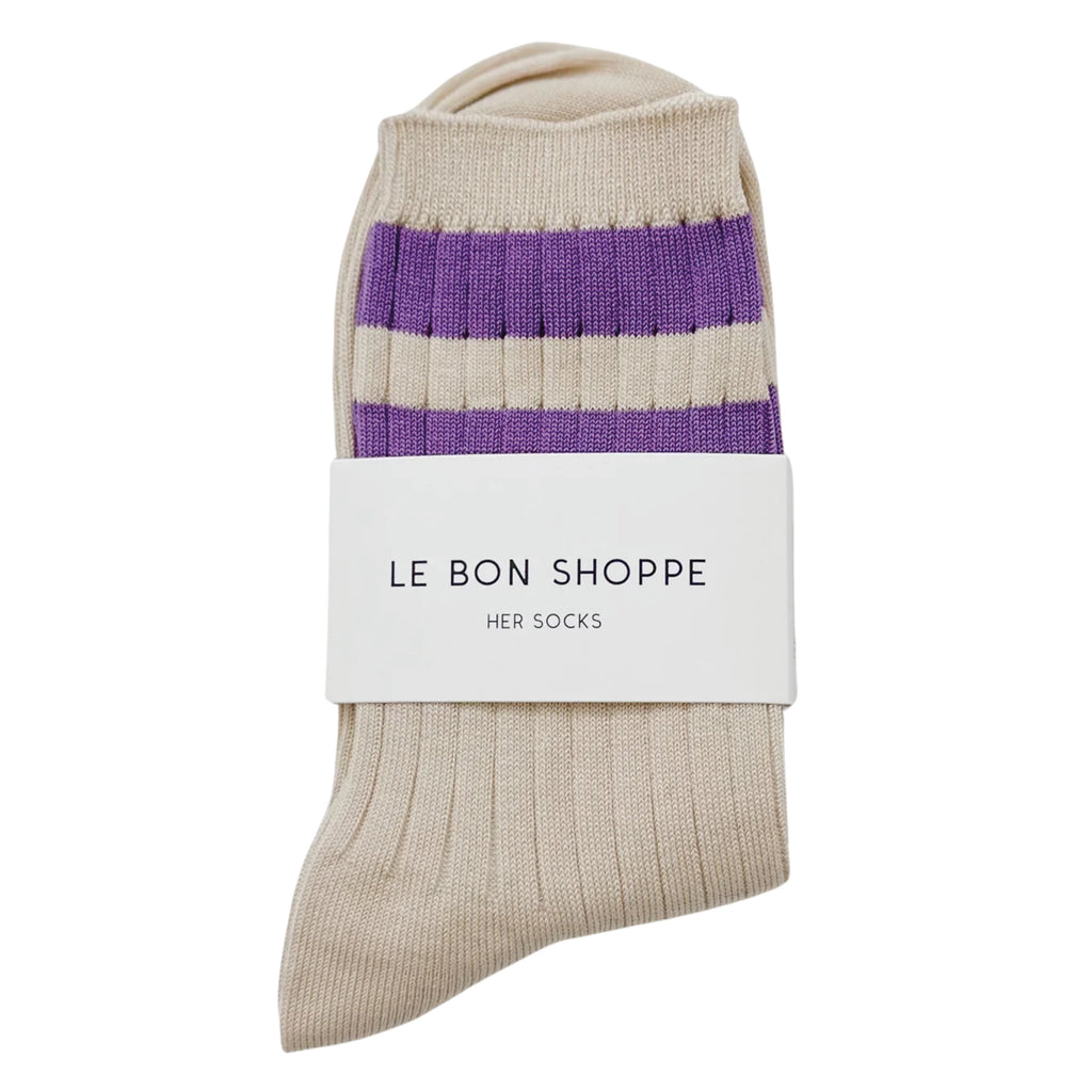 Sporty cream socks with purple stripe with ribbed design andquarter-crew length.
Le Bon Shoppe Ube Varsity Her Socks - Jo And Co Le Bon Shoppe Ube Varsity Her Socks - Le Bon Shoppe