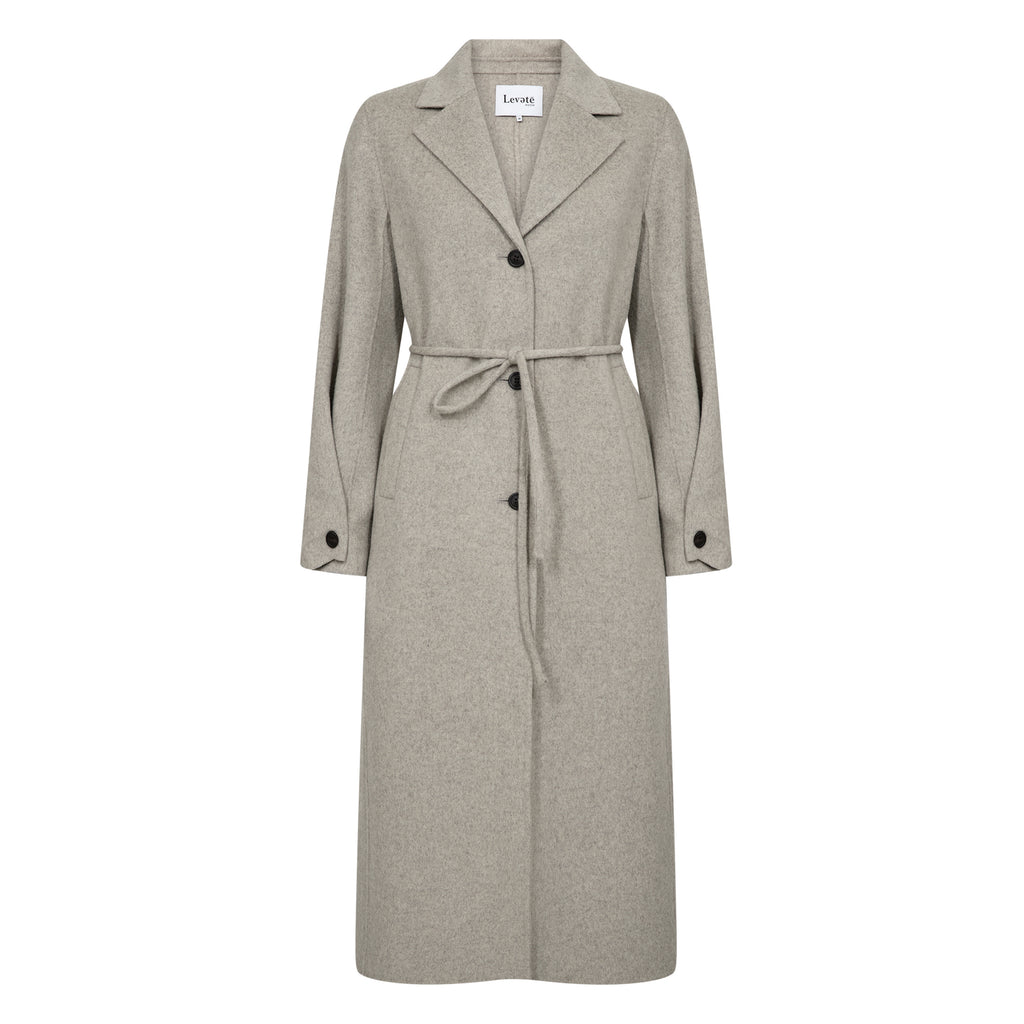 Grey melange knee length coat with notched lapel collar, button-down front and belt.
Leveté Room Aluminum Melange Owa Coat - Jo And Co Leveté Room Aluminum Melange Owa Coat - Leveté Room