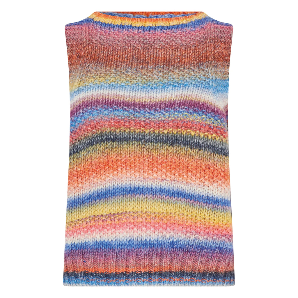 Multicolored striped sleeveless sweater with ribbed edges at the neckline, hem and armholes.
Lollys Laundry Multi Dova Slipover Knit - Jo And Co Lollys Laundry Multi Dova Slipover Knit - Lollys Laundry
