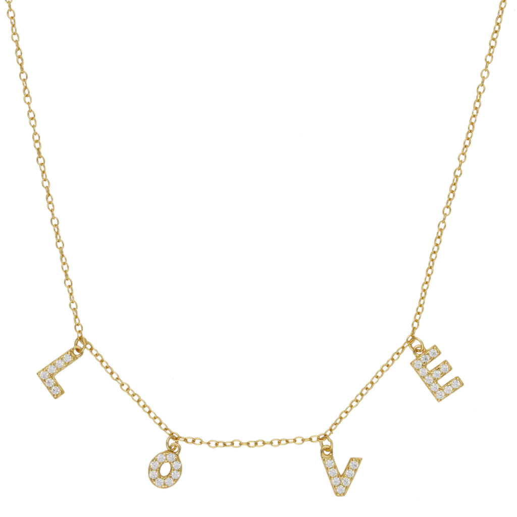 Gold chain necklace with L O V E pendants with white stones.
Love Letter Pendant - Jo And Co Love Letter Pendant