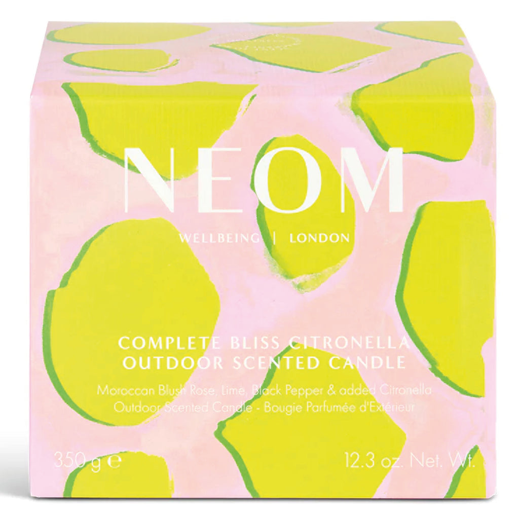 NEOM Complete Bliss Citronella Outdoor Scented One Wick Candle with pure essential oils including Moroccan blush rose, lime, black pepper and added citronella.
NEOM Complete Bliss Citronella Outdoor Scented One Wick Candle - Jo And Co NEOM Complete Bliss Citronella Outdoor Scented One Wick Candle - NEOM