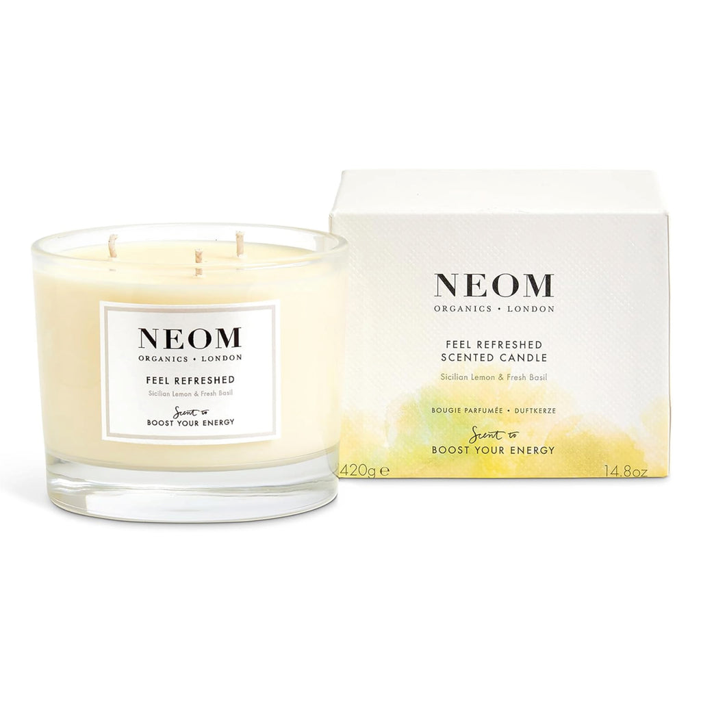 NEOM Feel Refreshed Scented Candle, three wicks, Sicilian lemon and fresh basil, energy-boosting, natural wax, 50-hour burn time.
NEOM Feel Refreshed Scented Three Wick Candle - Jo And Co NEOM Feel Refreshed Scented Three Wick Candle - NEOM