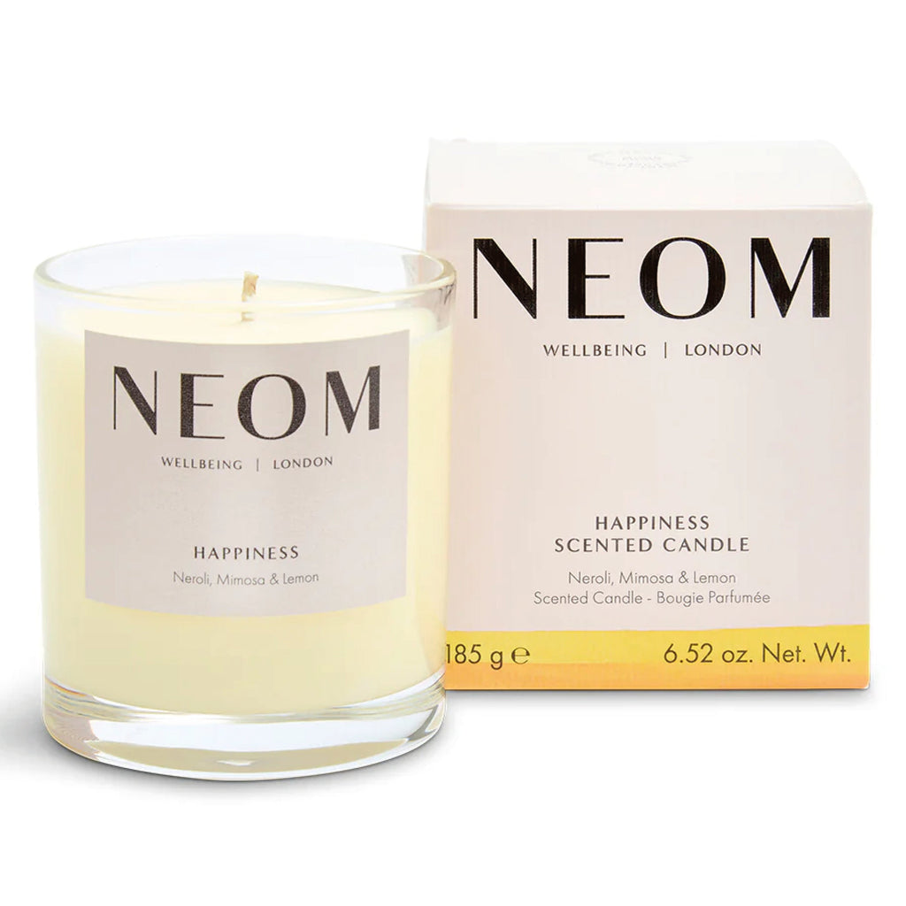 NEOM Happiness Scented one wick candle with neroli, mimosa, and lemon fragrance in glass jar with box