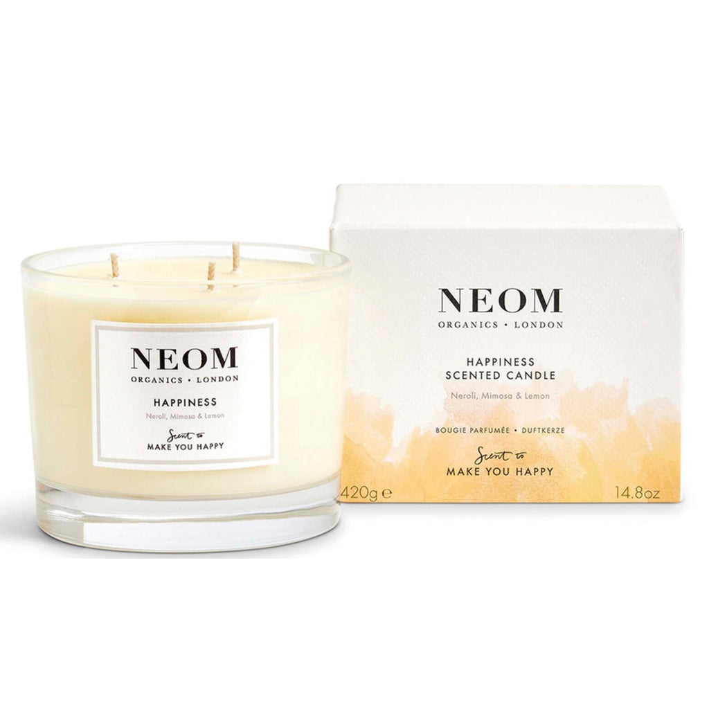 NEOM Happiness Scented Three Wick Candle in glass jar with packaging, natural essential oils.
NEOM Happiness Scented Three Wick Candle - Jo And Co NEOM Happiness Scented Three Wick Candle - NEOM