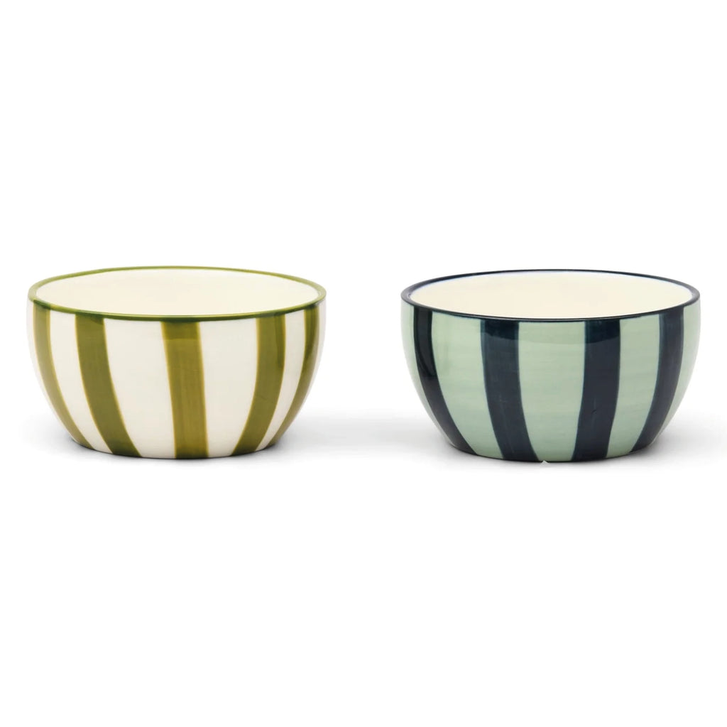 Two ceramic bowls with green and white striped patterns.
Olive & Blue Bella Dipping Bowls - Jo And Co Olive & Blue Bella Dipping Bowls - Designworks Ink