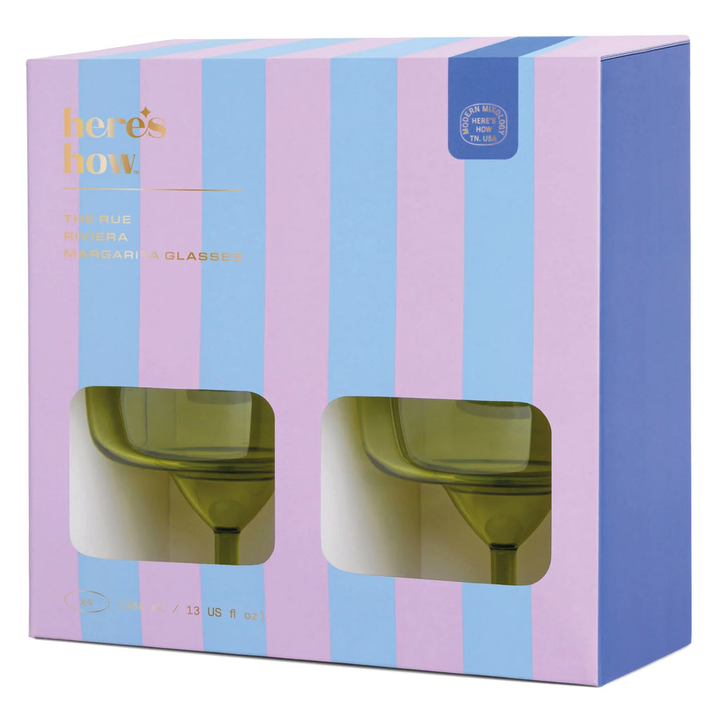 Two green glass margarita glasses.
Olive Margarita Glasses Set of 2 - Jo And Co Olive Margarita Glasses Set of 2 - Designworks Ink