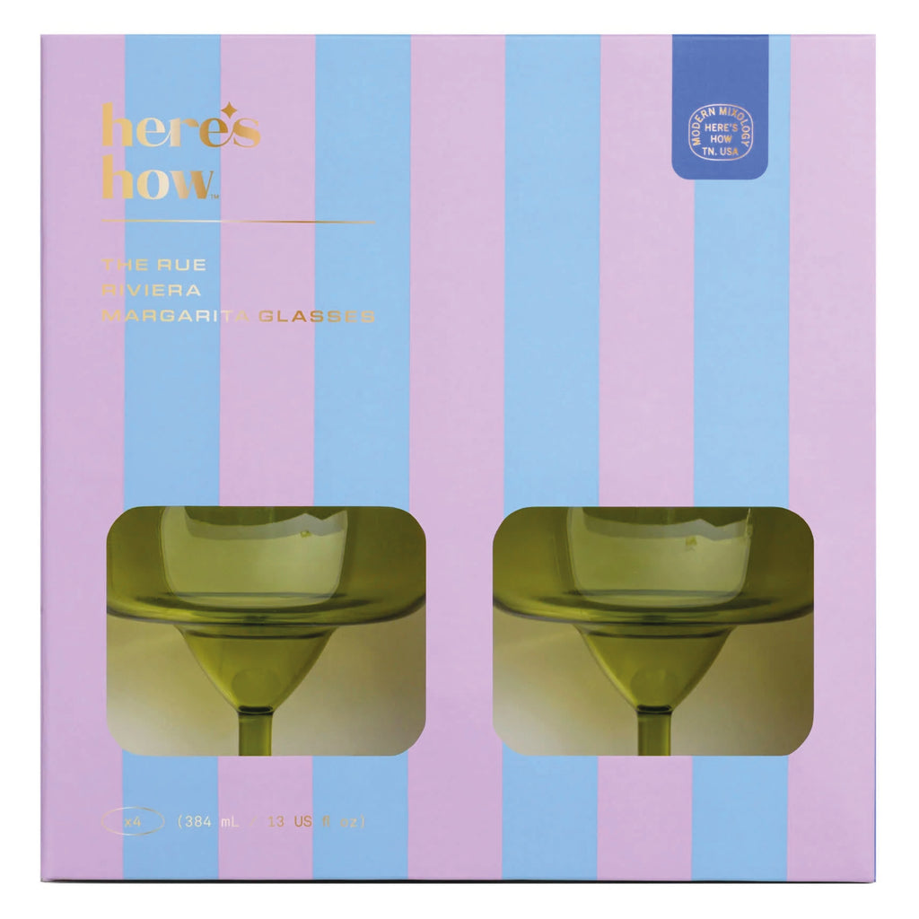 Two green glass margarita glasses.
Olive Margarita Glasses Set of 2 - Jo And Co Olive Margarita Glasses Set of 2 - Designworks Ink