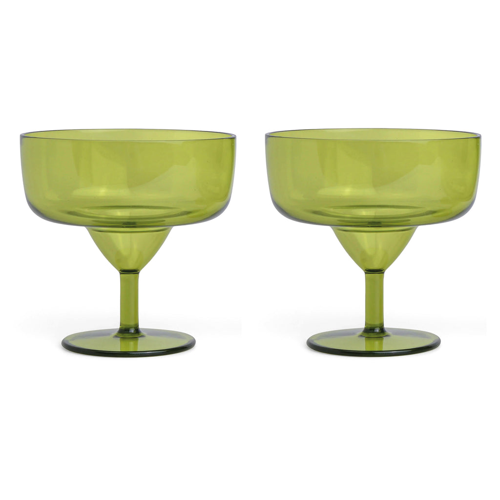 Two green glass margarita glasses.
Olive Margarita Glasses Set of 2 - Jo And Co Olive Margarita Glasses Set of 2 - Designworks Ink