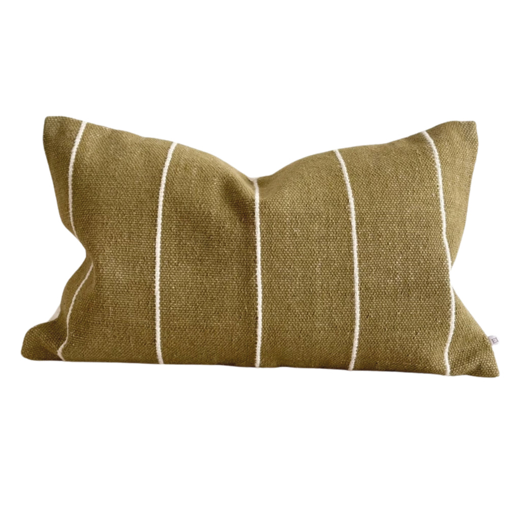 Green olive rectangular cushion with thin white stripes.
Olive Rectangular Stripe Luxe India Cushion - Jo And Co Olive Rectangular Stripe Luxe India Cushion