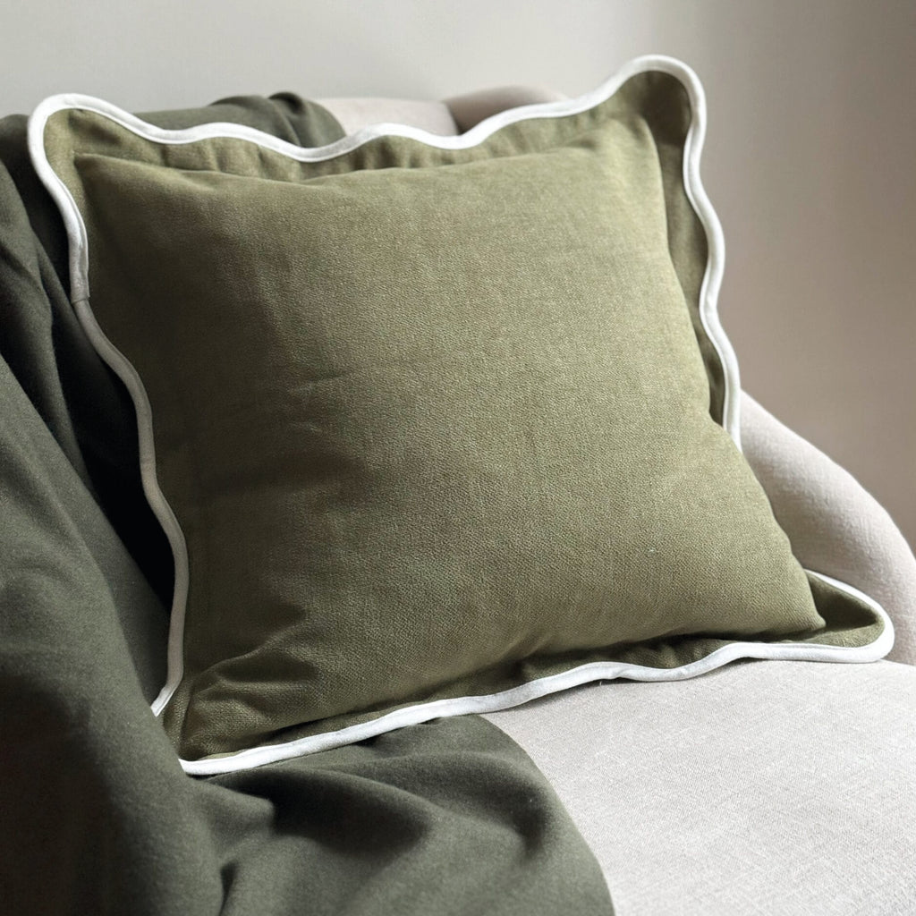 Olive green square cushion with white scalloped trim.
Olive Scalloped Chloe Cushion - Jo And Co Olive Scalloped Chloe Cushion