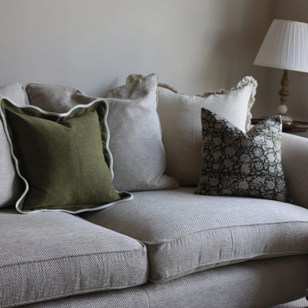 Olive green square cushion with white scalloped trim.
Olive Scalloped Chloe Cushion - Jo And Co Olive Scalloped Chloe Cushion