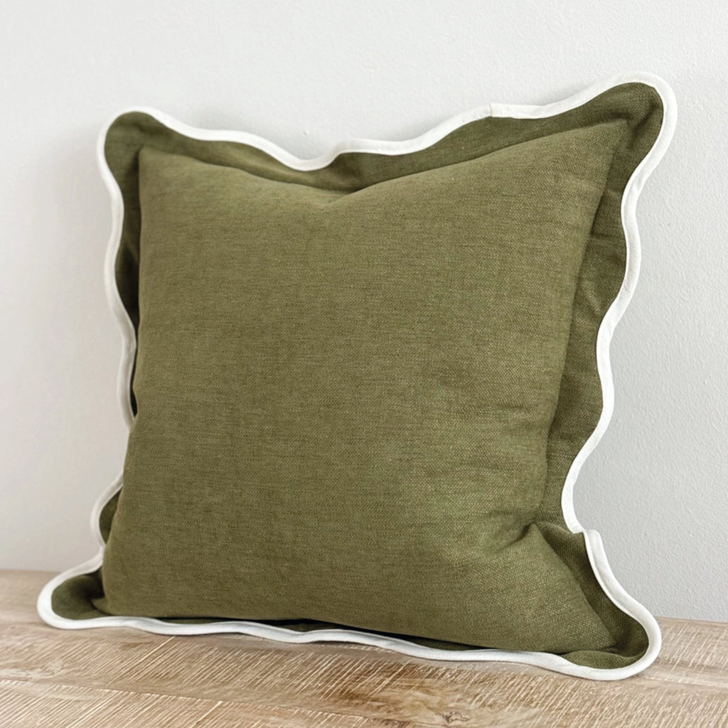Olive green square cushion with white scalloped trim.
Olive Scalloped Chloe Cushion - Jo And Co Olive Scalloped Chloe Cushion
