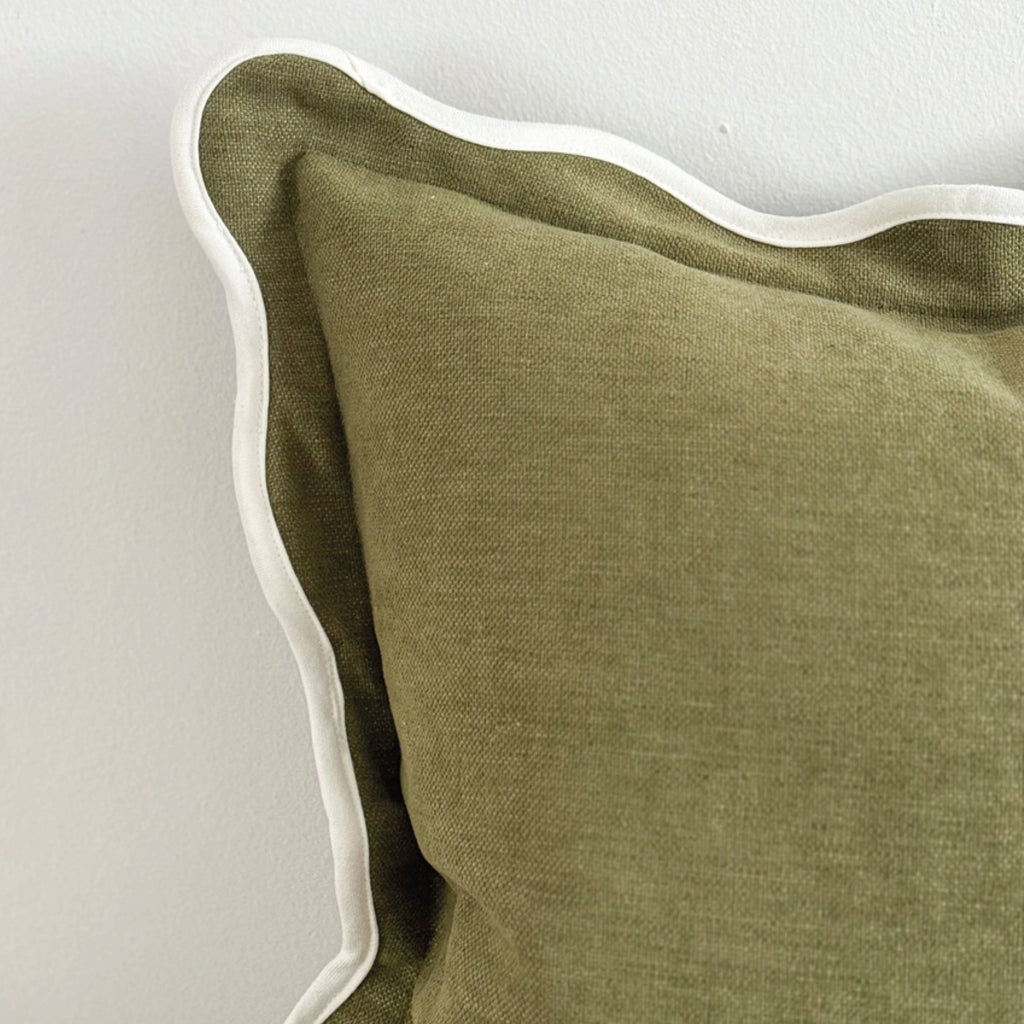 Olive green square cushion with white scalloped trim.
Olive Scalloped Chloe Cushion - Jo And Co Olive Scalloped Chloe Cushion