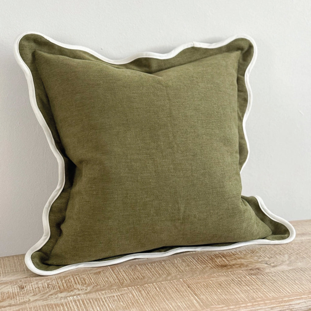 Olive green square cushion with white scalloped trim.
Olive Scalloped Chloe Cushion - Jo And Co Olive Scalloped Chloe Cushion