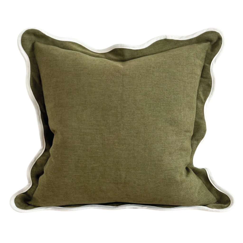 Olive green square cushion with white scalloped trim.
Olive Scalloped Chloe Cushion - Jo And Co Olive Scalloped Chloe Cushion