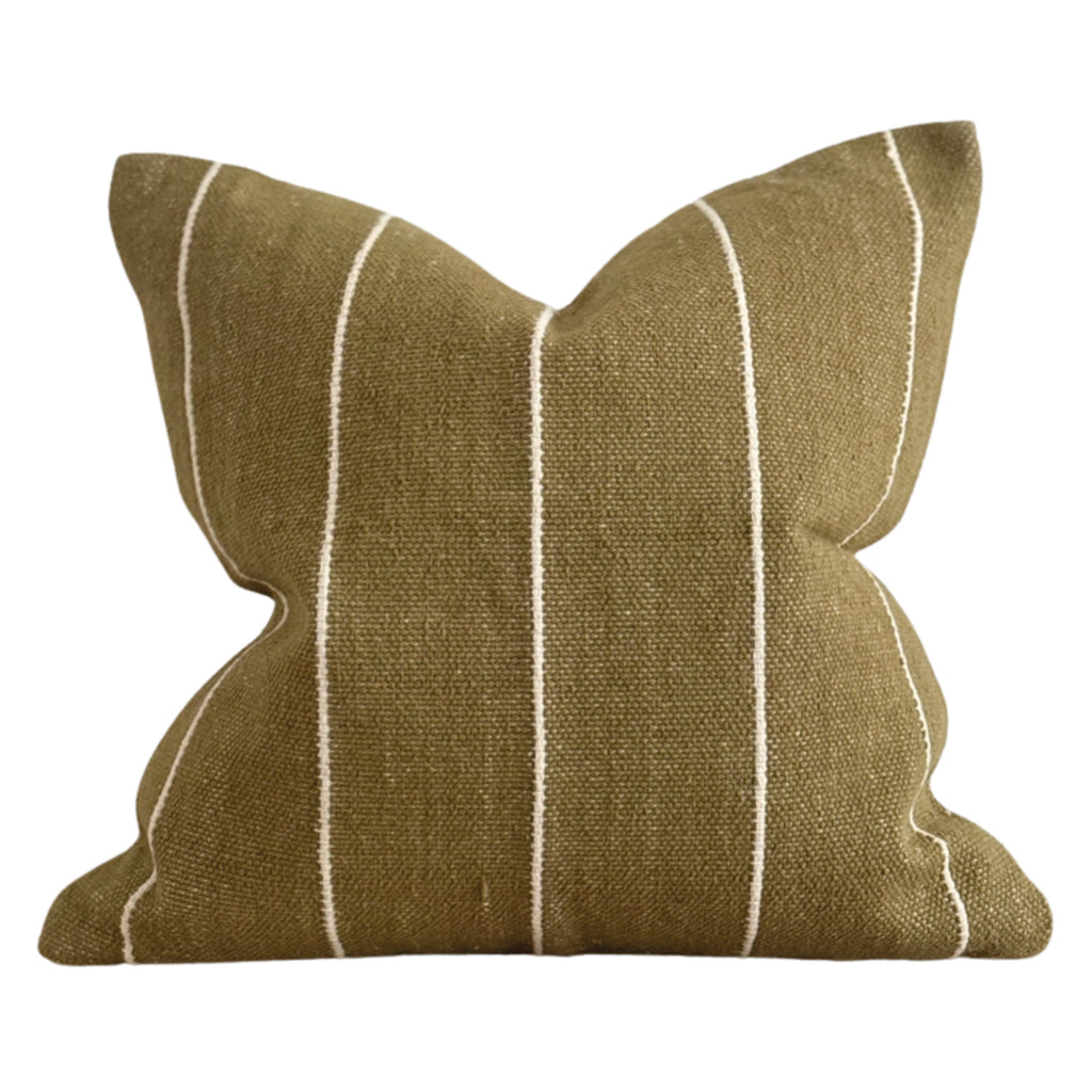 Olive green cushion with thin white stripes.
Olive Stripe Luxe India Cushion - Jo And Co Olive Stripe Luxe India Cushion