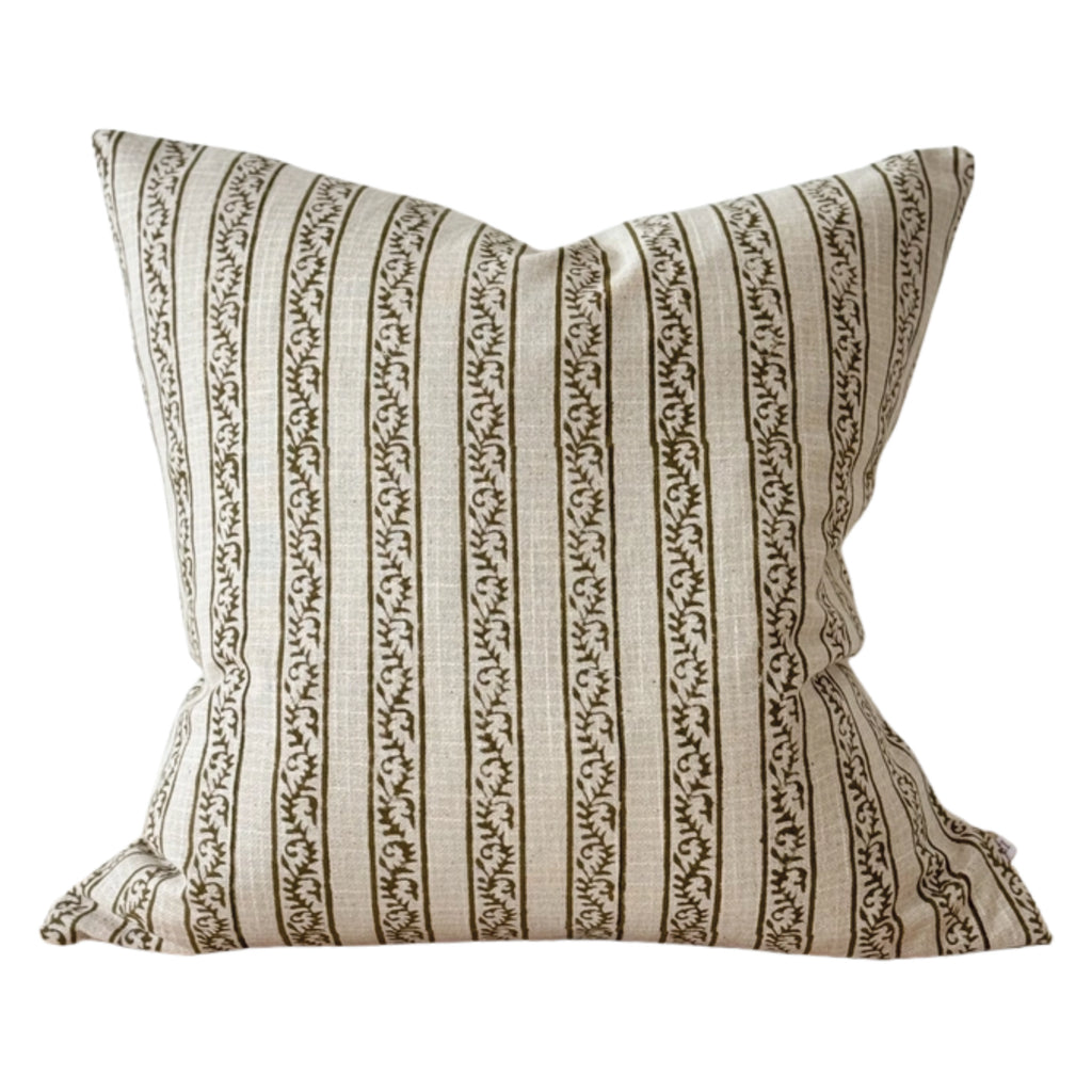 Cream cushion with olive floral stripe pattern.
Olive Stripe Print Ivy Cushion - Jo And Co Olive Stripe Print Ivy Cushion
