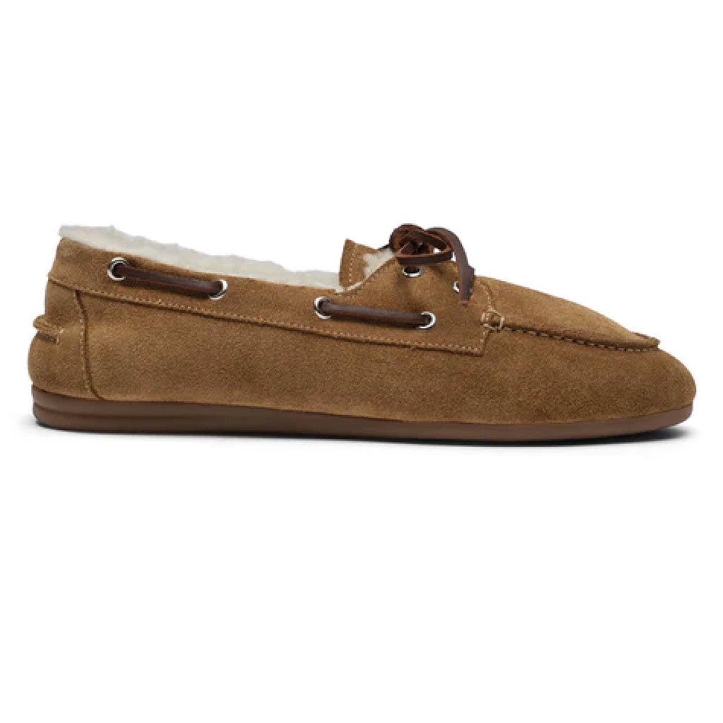 Pair of brown suede shoes with white fur lining on a white background.
Pavement Tan Suede Vilde Loafers - Jo And Co Pavement Tan Suede Vilde Loafers - Pavement