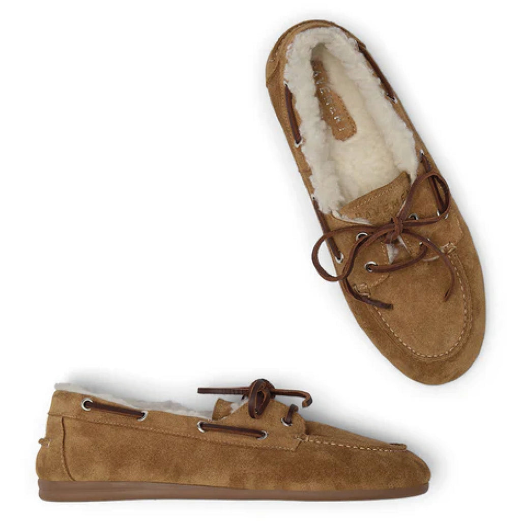 Pair of brown suede shoes with white fur lining on a white background.
Pavement Tan Suede Vilde Loafers - Jo And Co Pavement Tan Suede Vilde Loafers - Pavement