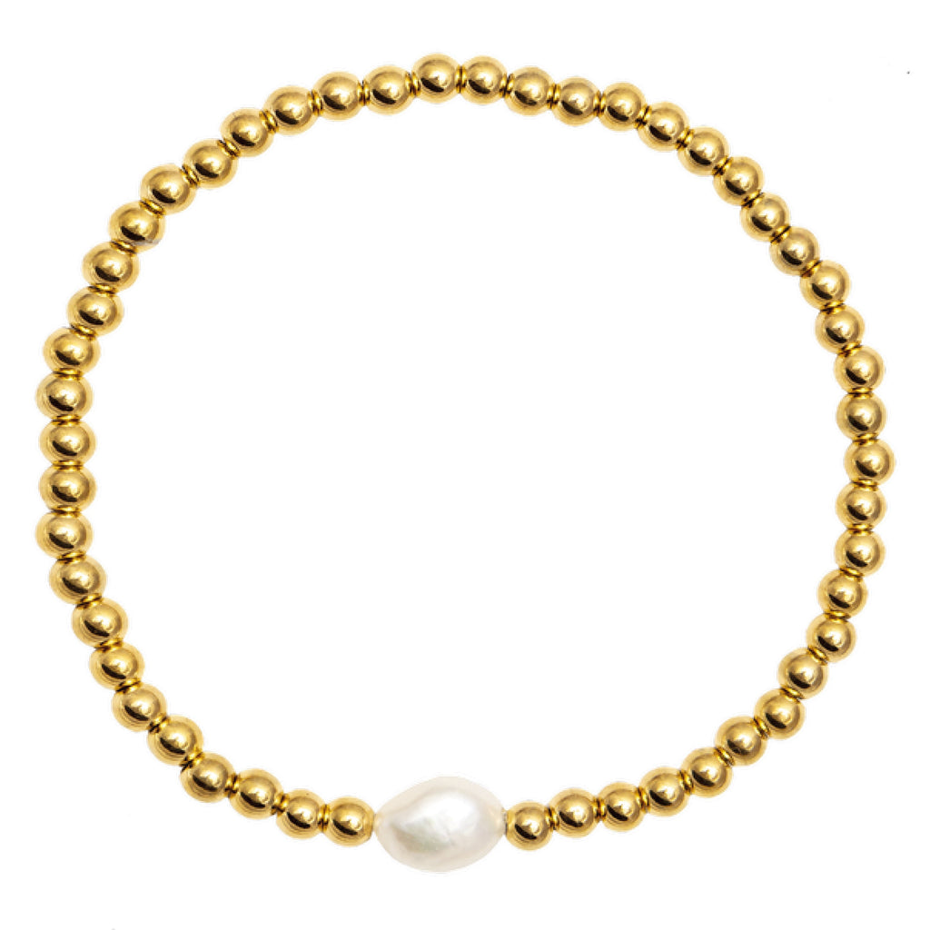 Gold beaded bracelet with a single white pearl.
Pearl & Gold Beaded Bracelet - Jo And Co Pearl & Gold Beaded Bracelet