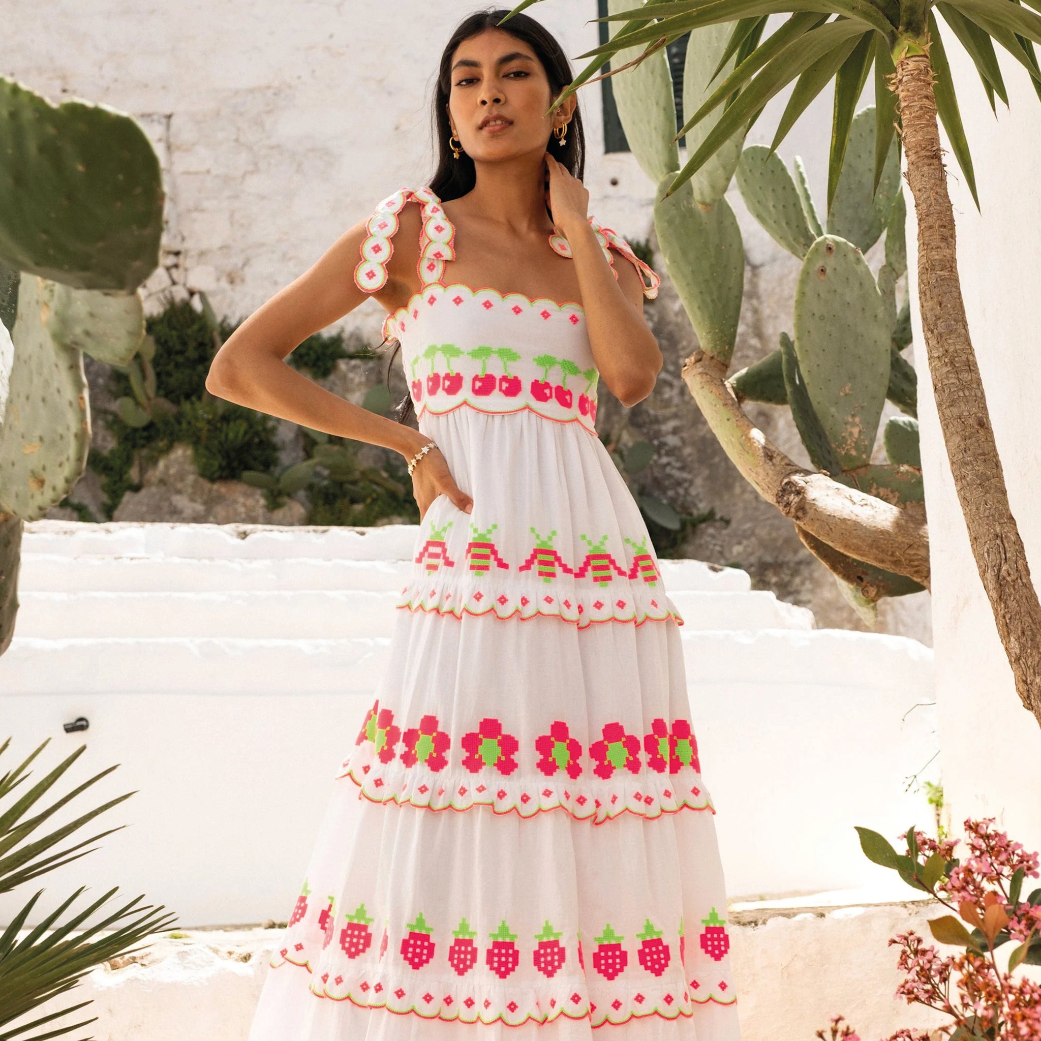 green emerald velvet dress Embroidered Woven Dress-Ivory Embroidered Fruit main image 1