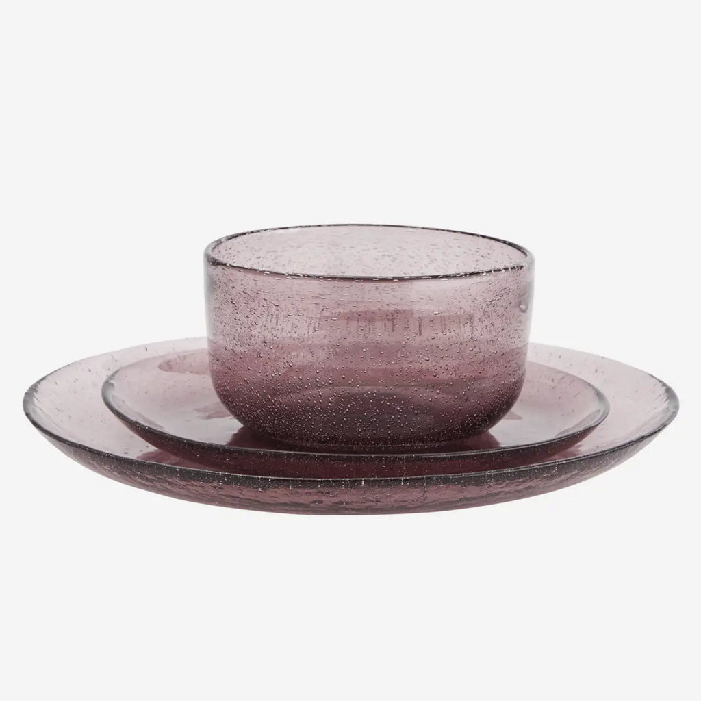 Purple glass bowl with a textured surface and bubbles.
Purple Coloured Glass Bowl - Jo And Co Purple Coloured Glass Bowl