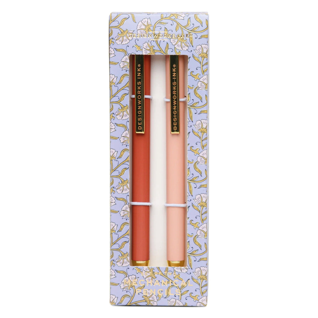 Two red and pink mechanical pencils in a decorative box with floral patterns.
Rosewood & Blush Mechanical Pencil Set - Jo And Co Rosewood & Blush Mechanical Pencil Set - Designworks Ink