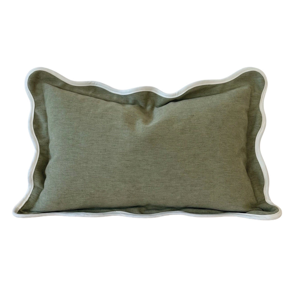 Sage rectangular cushion with white scalloped edge.
Sage Rectangular Scalloped Chloe Cushion - Jo And Co Sage Rectangular Scalloped Chloe Cushion