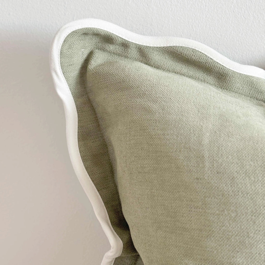 Sage green square pillow with white scalloped edge.
Sage Scalloped Chloe Cushion - Jo And Co Sage Scalloped Chloe Cushion