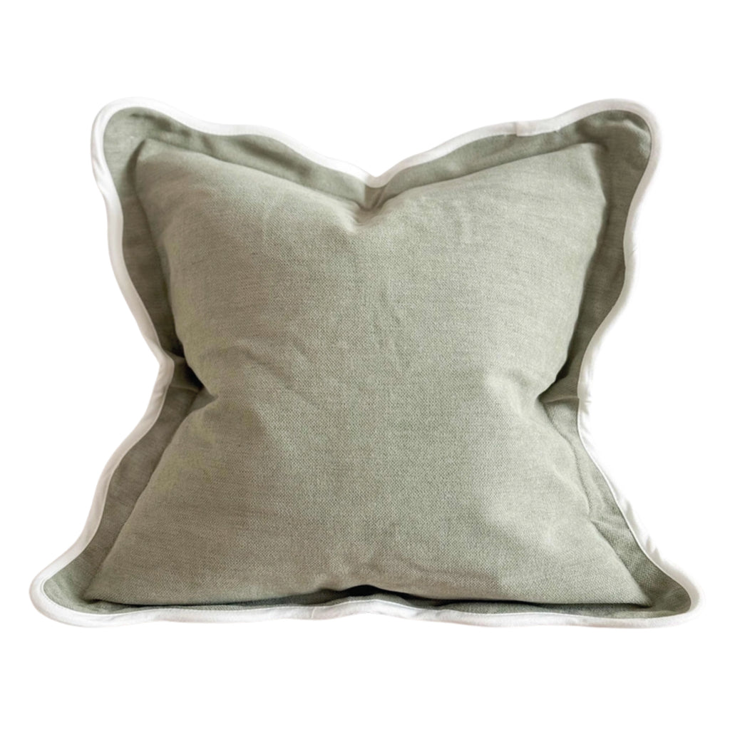 Sage green square pillow with white scalloped edge.
Sage Scalloped Chloe Cushion - Jo And Co Sage Scalloped Chloe Cushion