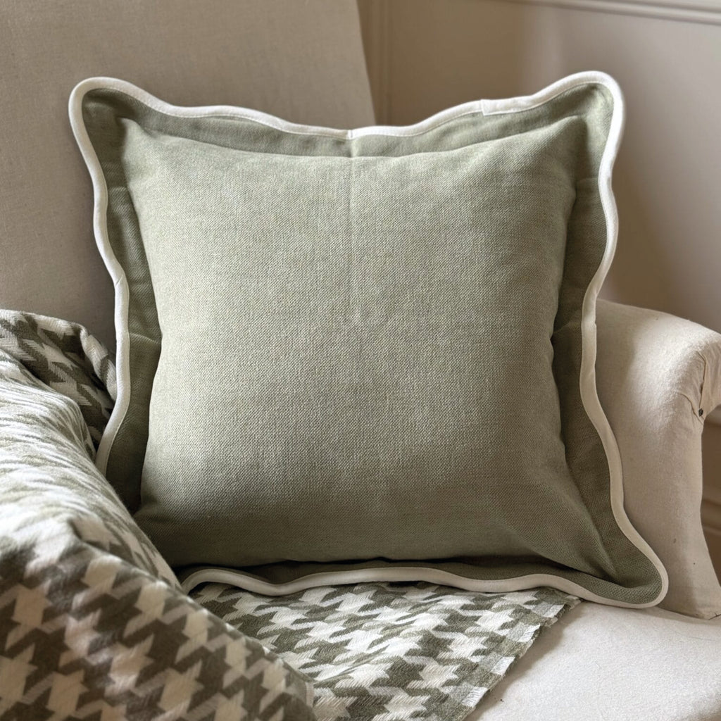 Sage green square pillow with white scalloped edge.
Sage Scalloped Chloe Cushion - Jo And Co Sage Scalloped Chloe Cushion