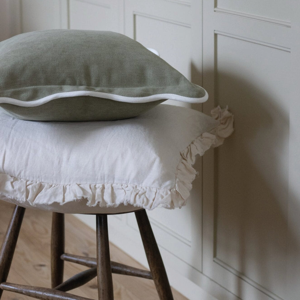 Sage green square pillow with white scalloped edge.
Sage Scalloped Chloe Cushion - Jo And Co Sage Scalloped Chloe Cushion