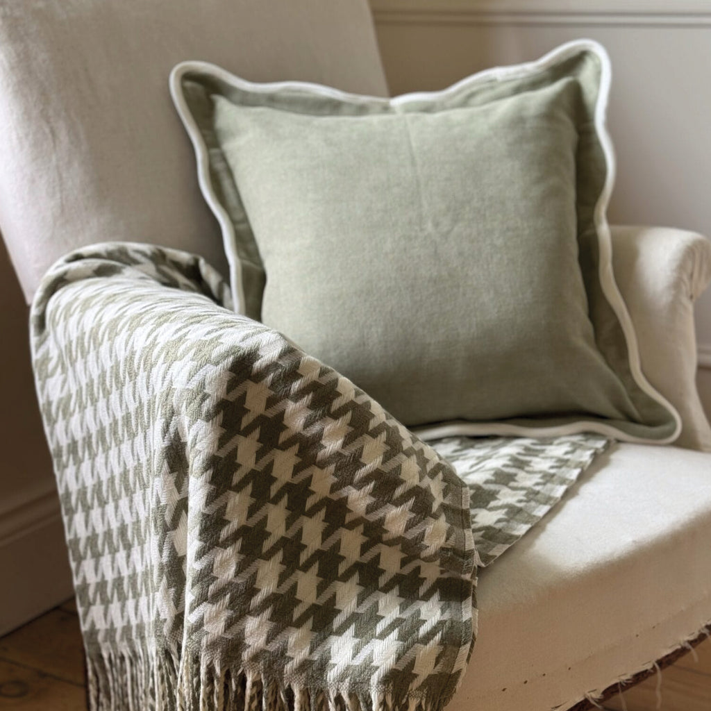 Sage green square pillow with white scalloped edge.
Sage Scalloped Chloe Cushion - Jo And Co Sage Scalloped Chloe Cushion