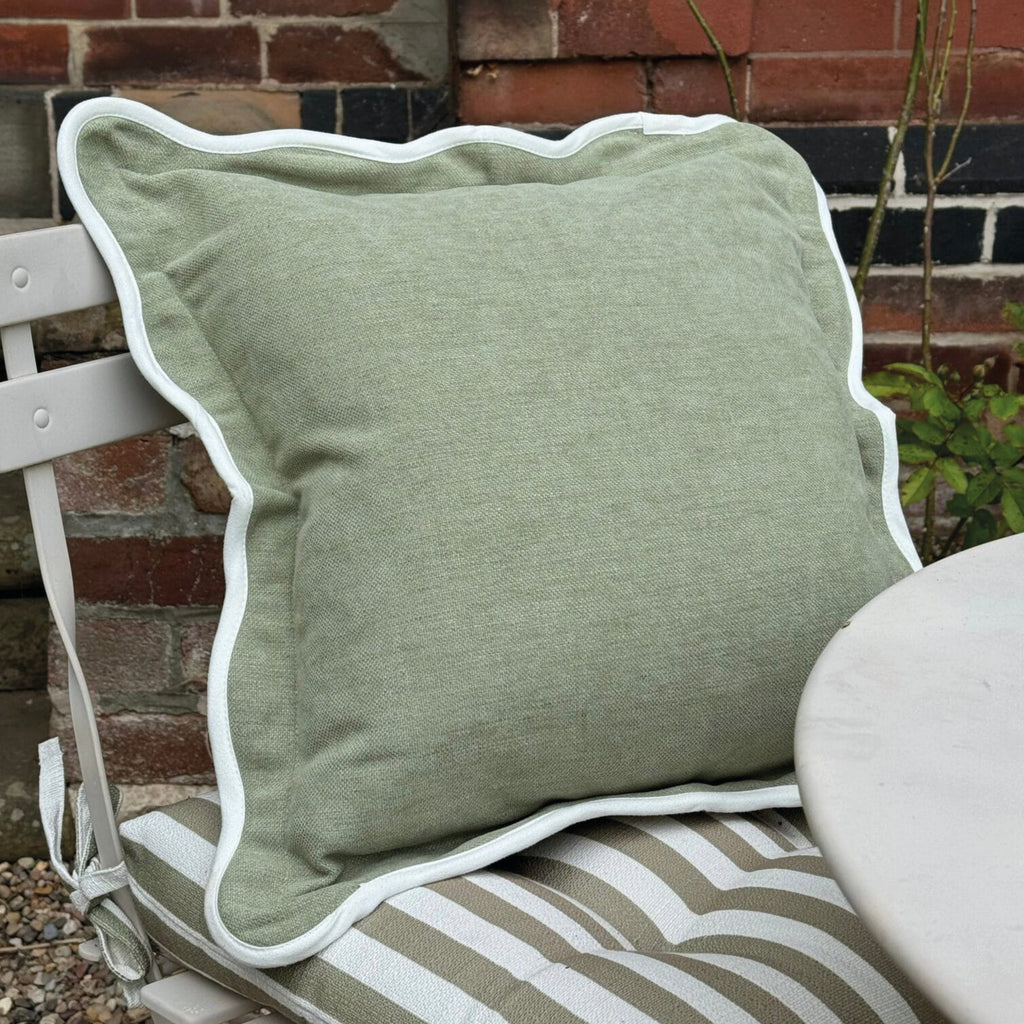 Sage green square pillow with white scalloped edge.
Sage Scalloped Chloe Cushion - Jo And Co Sage Scalloped Chloe Cushion
