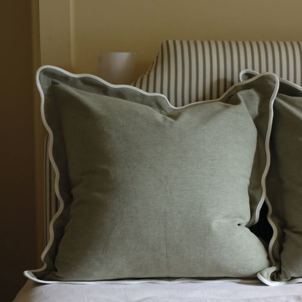 Large sage cushion with white scalloped trim.
Sage Scalloped Large Chloe Cushion - Jo And Co Sage Scalloped Large Chloe Cushion