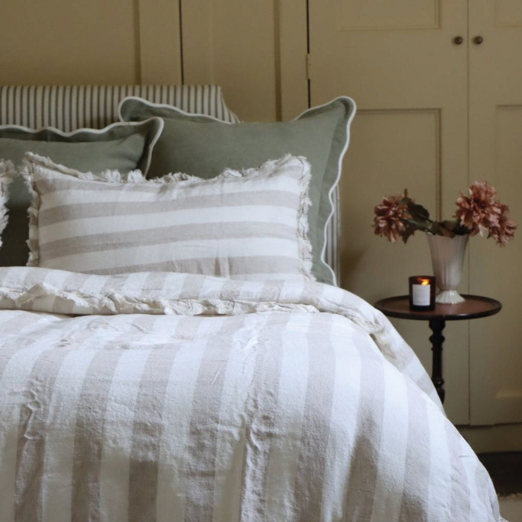 Large sage cushion with white scalloped trim.
Sage Scalloped Large Chloe Cushion - Jo And Co Sage Scalloped Large Chloe Cushion