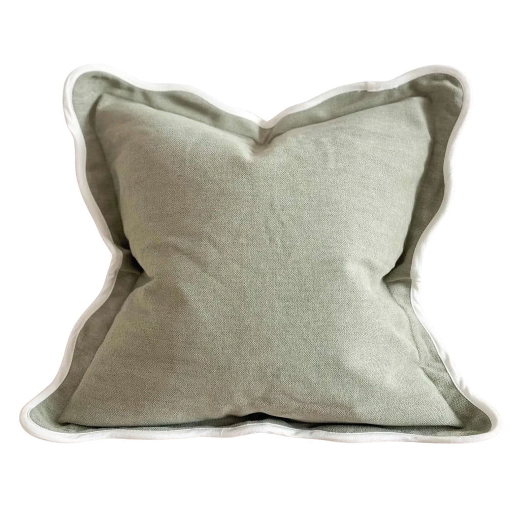 Large sage cushion with white scalloped trim.
Sage Scalloped Large Chloe Cushion - Jo And Co Sage Scalloped Large Chloe Cushion