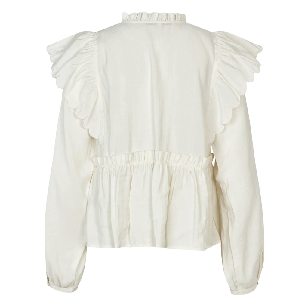 Tofu cream frilled long-sleeved blouse with round neck with frill trim and keyhole opening with button fastening.
Second Female Tofu Terra Frill Blouse - Jo And Co Second Female Tofu Terra Frill Blouse - Second Female