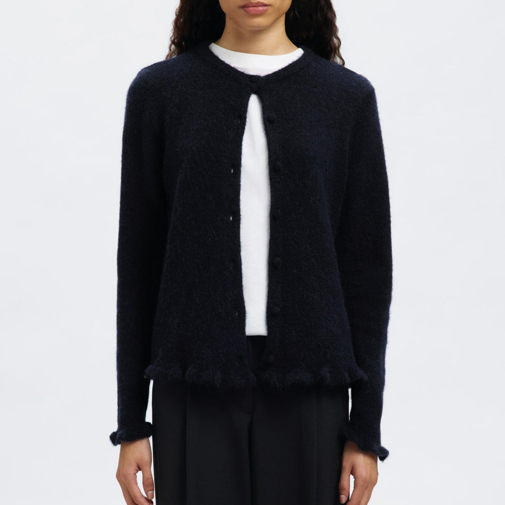 Selected Femme Lulu Frill Dark Sapphire Knit Cardigan - Jo And Co Selected Femme Lulu Frill Dark Sapphire Knit Cardigan - Selected Femme