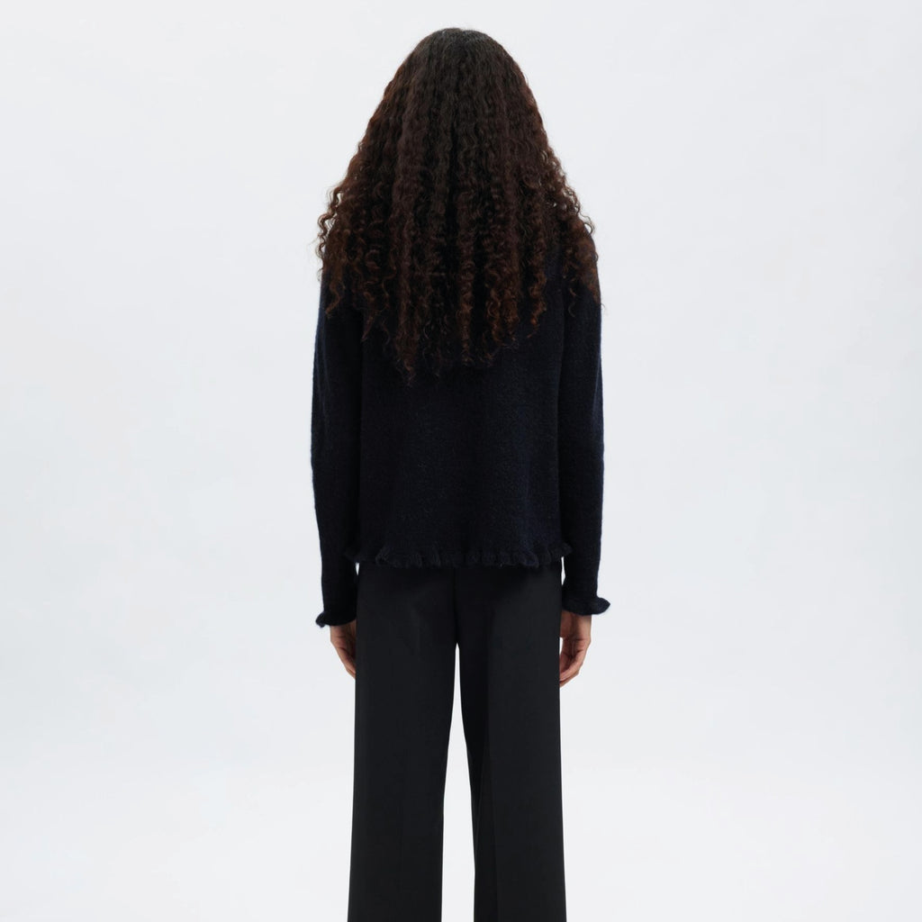 Selected Femme Lulu Frill Dark Sapphire Knit Cardigan - Jo And Co Selected Femme Lulu Frill Dark Sapphire Knit Cardigan - Selected Femme