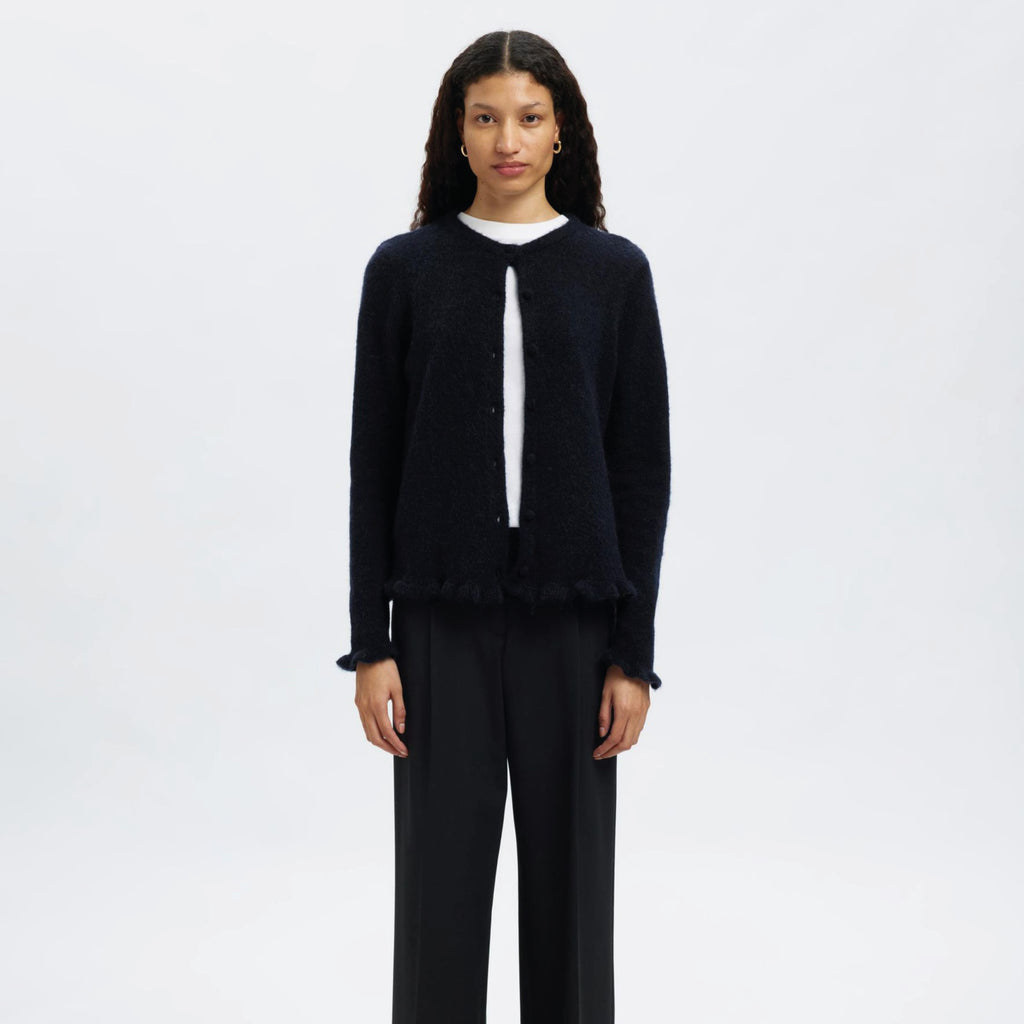 Selected Femme Lulu Frill Dark Sapphire Knit Cardigan - Jo And Co Selected Femme Lulu Frill Dark Sapphire Knit Cardigan - Selected Femme