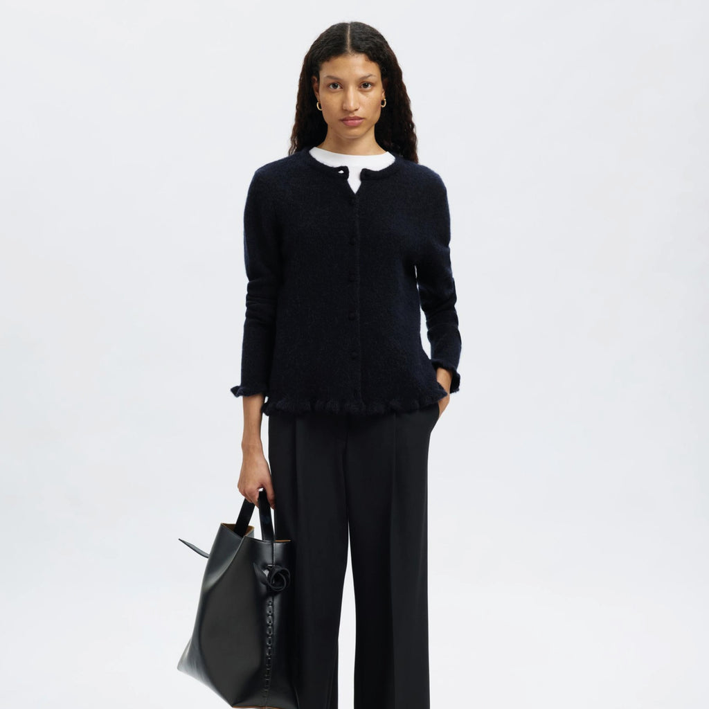 Selected Femme Lulu Frill Dark Sapphire Knit Cardigan - Jo And Co Selected Femme Lulu Frill Dark Sapphire Knit Cardigan - Selected Femme