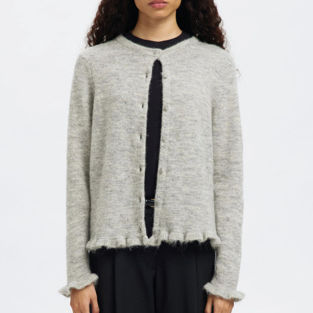 Selected Femme Lulu Frill Light Grey Knit Cardigan - Jo And Co Selected Femme Lulu Frill Light Grey Knit Cardigan - Selected Femme