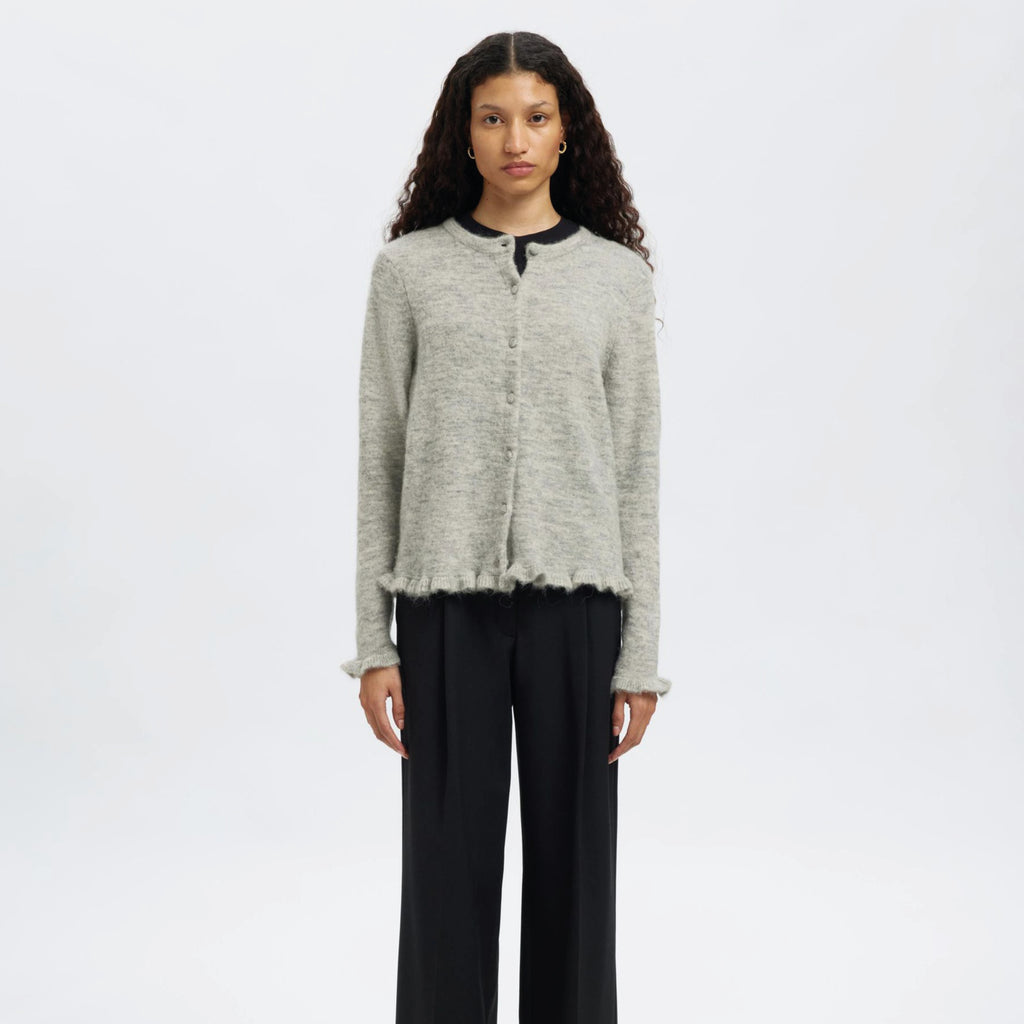 Selected Femme Lulu Frill Light Grey Knit Cardigan - Jo And Co Selected Femme Lulu Frill Light Grey Knit Cardigan - Selected Femme