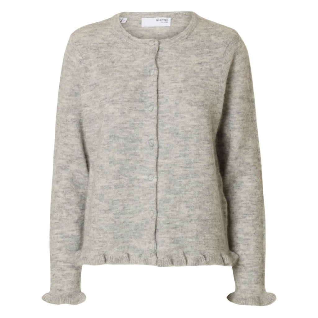 Selected Femme Lulu Frill Light Grey Knit Cardigan - Jo And Co Selected Femme Lulu Frill Light Grey Knit Cardigan - Selected Femme