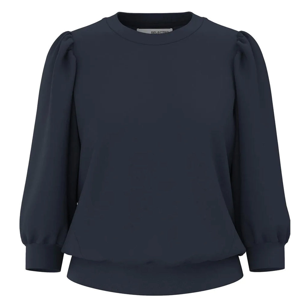 Navy blue sweater with puff sleeves.
Selected Femme Tenny Dark Sapphire Puff Sleeve Sweatshirt - Jo And Co Selected Femme Tenny Dark Sapphire Puff Sleeve Sweatshirt - Selected Femme