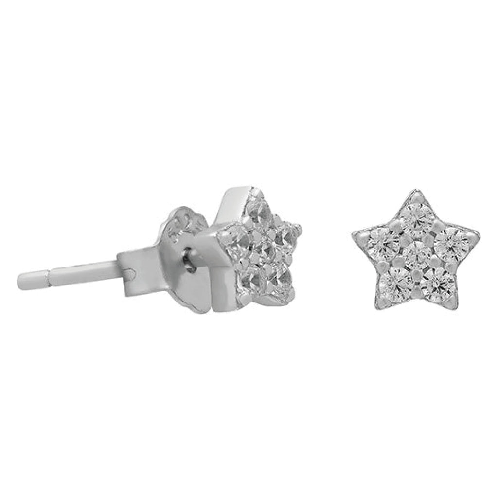 A pair of micro star studs sitting in a silver setting. 
Silver Mini Star Stud Earrings - Jo And Co Silver Mini Star Stud Earrings