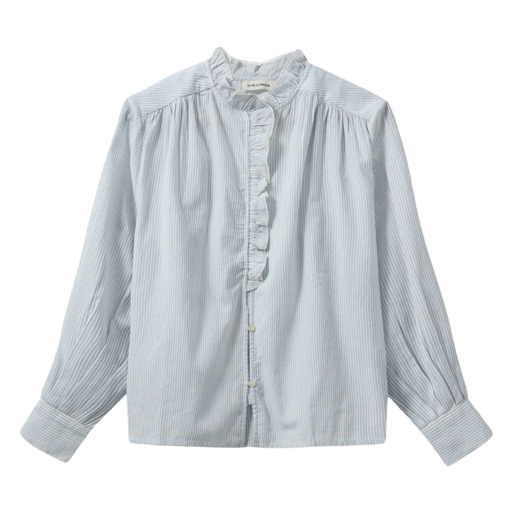 Light blue striped shirt with frilled collar with decorative edge along button placket and wrinkle details on shoulders.
Sofie Schnoor Light Blue Striped Edna Shirt - Jo And Co Sofie Schnoor Light Blue Striped Edna Shirt - Sofie Schnoor