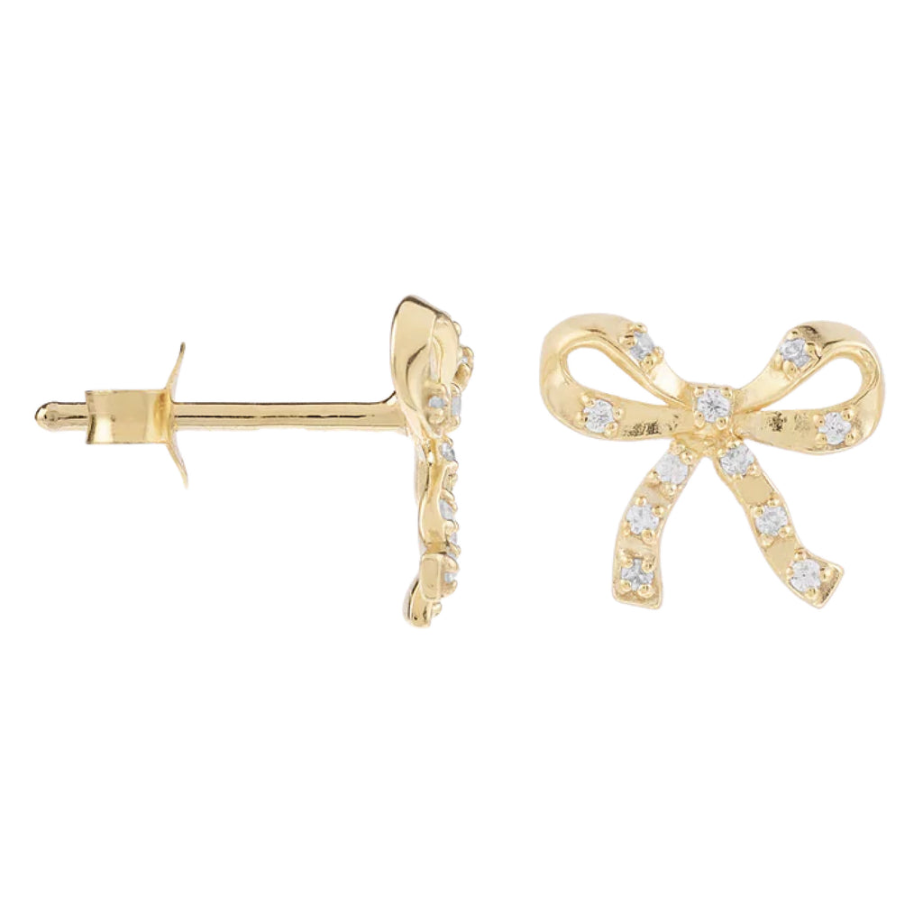 Gold bow-shaped earrings with small gemstones.
Take a Bow Stud Gold Plated Earrings - Jo And Co Take a Bow Stud Gold Plated Earrings - Anna + Nina