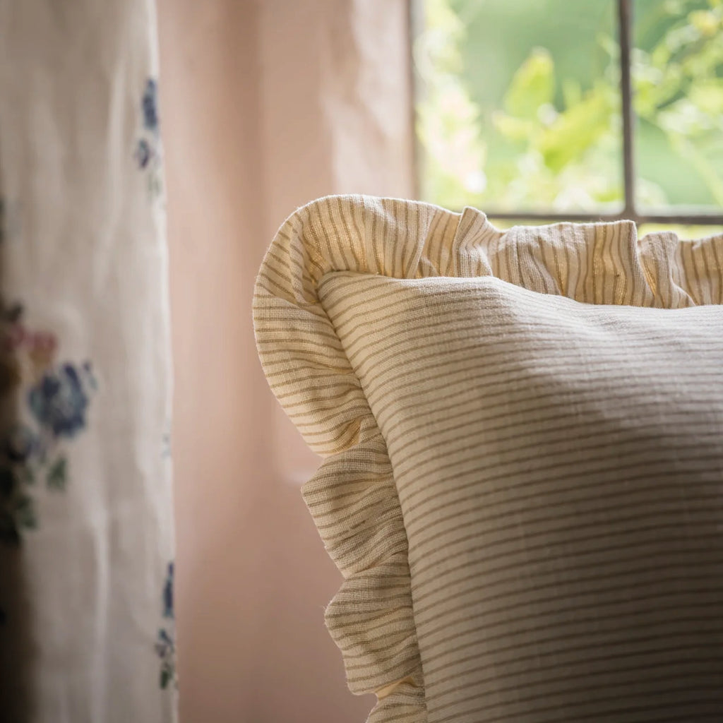 Beige and taupe striped cushion with frill trim.
Taupe Stripe Frill Cushion - Jo And Co Taupe Stripe Frill Cushion
